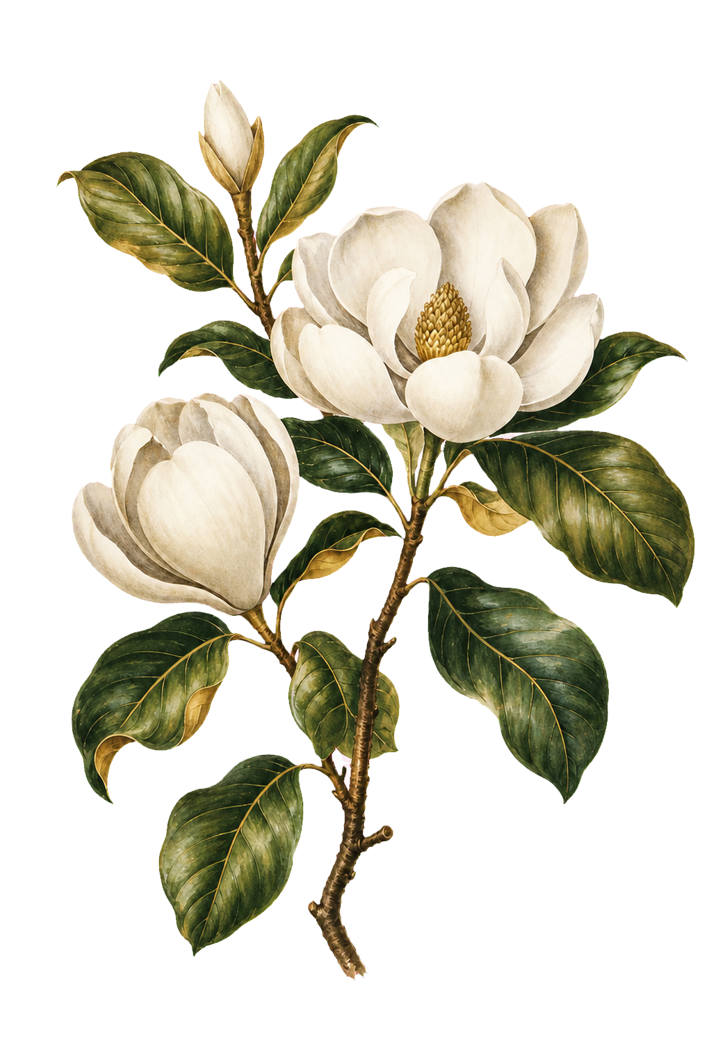 Botanical illustration of white magnolia flowers and green leaves.